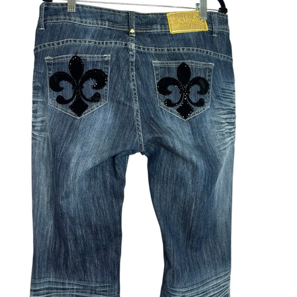 Beyonce's Dereon Embellished Velour Low Rise Flare Dark Distressed Jeans Size 16 - Picture 8 of 16